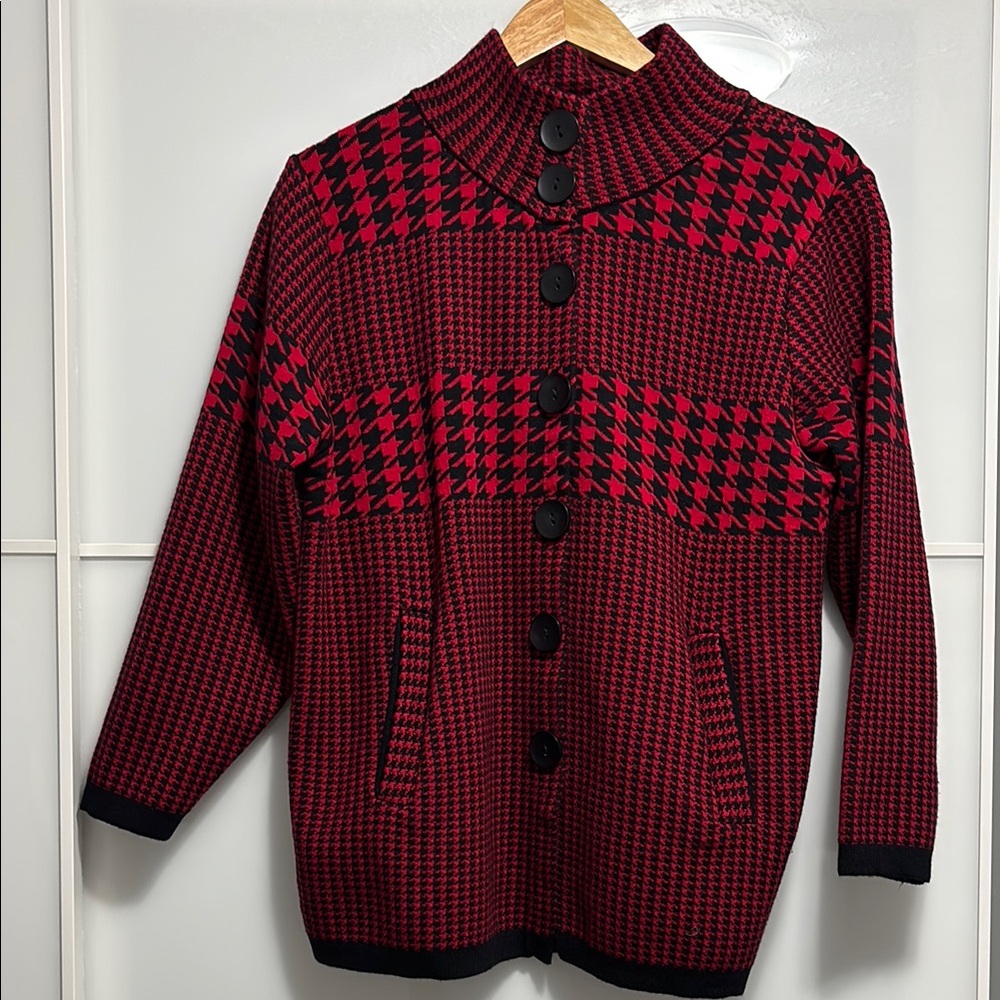 Red and Black Houndstooth Cardigan Jacket